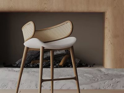 Modern Bar Stool With Wooden Frame Rattan Backrest And White Padded Seat 3d model