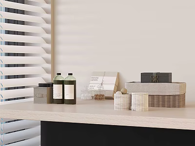 Organized Light Colored Tabletop With Storage Baskets Jars Boxes And Window Blinds 3d model