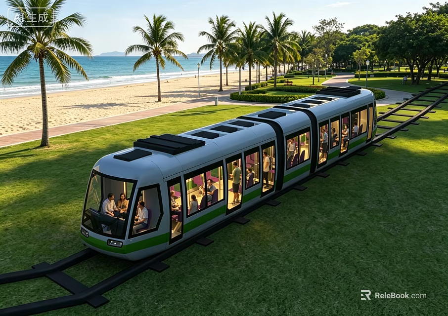Scenic Garden Landscape with Tram on Green Lawn and Palm Trees by Beach 3d model 
