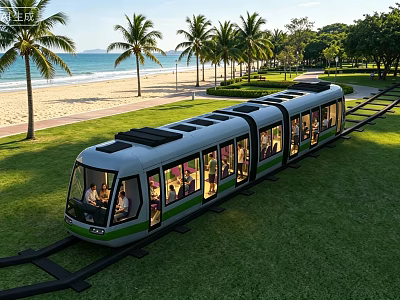 Scenic Garden Landscape with Tram on Green Lawn and Palm Trees by Beach 3d model