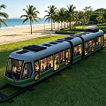 Scenic Garden Landscape with Tram on Green Lawn and Palm Trees by Beach
