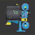 Vintage Film Projector Equipment with Blue Yellow Gray Design Star Patterns and Film Reels