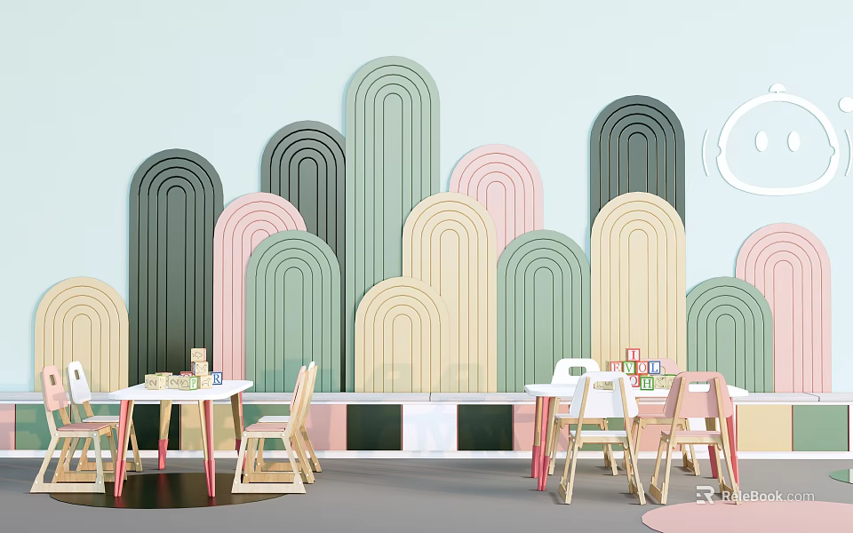 Children's Table In Colorful Kids Room With Arch Walls Chairs And Building Blocks 3d model 