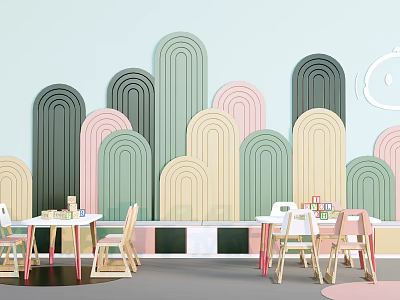 Children's Table In Colorful Kids Room With Arch Walls Chairs And Building Blocks 3d model