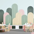 Children's Table In Colorful Kids Room With Arch Walls Chairs And Building Blocks