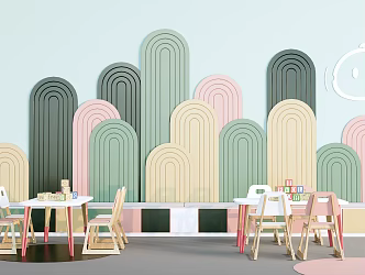Modern Children's Tables and Chairs Children's Furniture Children's Bookshelf Kindergarten Background Wall 3d model