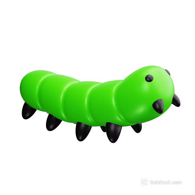 Green Reptile Caterpillar With Green Segmented Body Black Legs And Eyes 3d model 