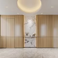 Modern Entryway Hallway With Dark Double Doors Wooden Cabinets And Round Ceiling Light