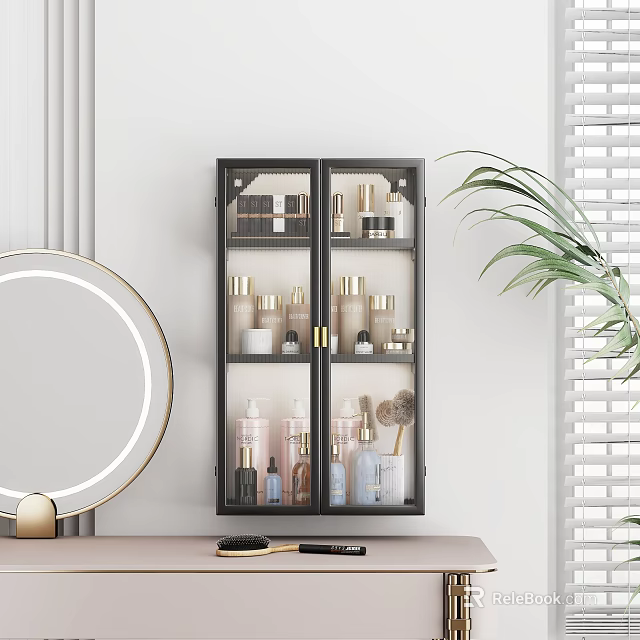 Modern Dressing Table With Black Glass Cabinet Cosmetics Round LED Mirror And Green Plant 3d model 