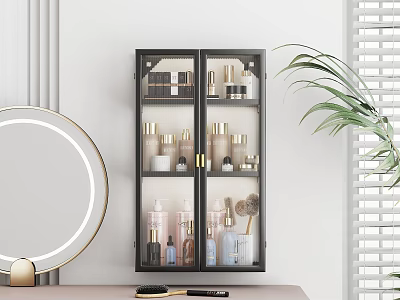 Modern Dressing Table With Black Glass Cabinet Cosmetics Round LED Mirror And Green Plant 3d model