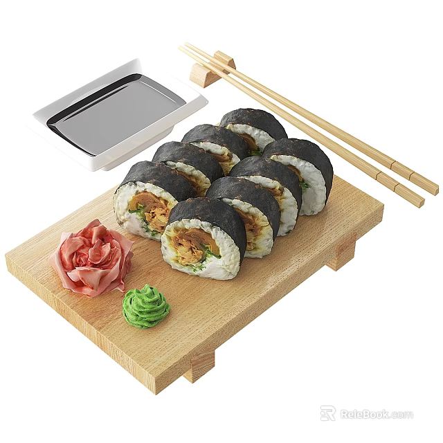 Delicious Sushi Rolls Served on Wooden Board with Chopsticks Soy Sauce Wasabi and Pickled Ginger 3d model 