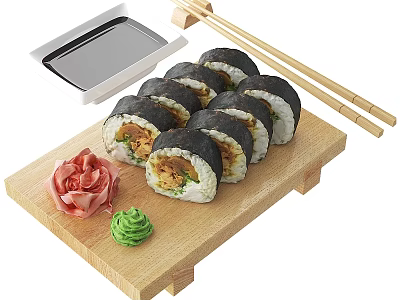 Delicious Sushi Rolls Served on Wooden Board with Chopsticks Soy Sauce Wasabi and Pickled Ginger 3d model