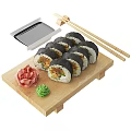 Delicious Sushi Rolls Served on Wooden Board with Chopsticks Soy Sauce Wasabi and Pickled Ginger