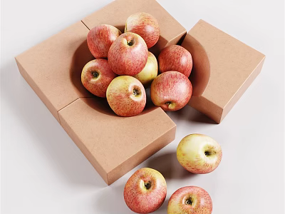 Fresh Red and Yellow Apples in Open Cardboard Box with Some Scattered Outside 3d model