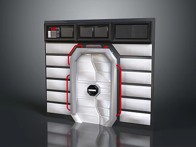 Futuristic Industrial Door Panel With Metallic Grilles And Red Accents 3d model