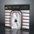 Futuristic Industrial Door Panel With Metallic Grilles And Red Accents