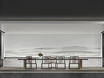 Modern Clubhouse Interior With Long Table Chairs And White Wavy Textured Wall 3d model