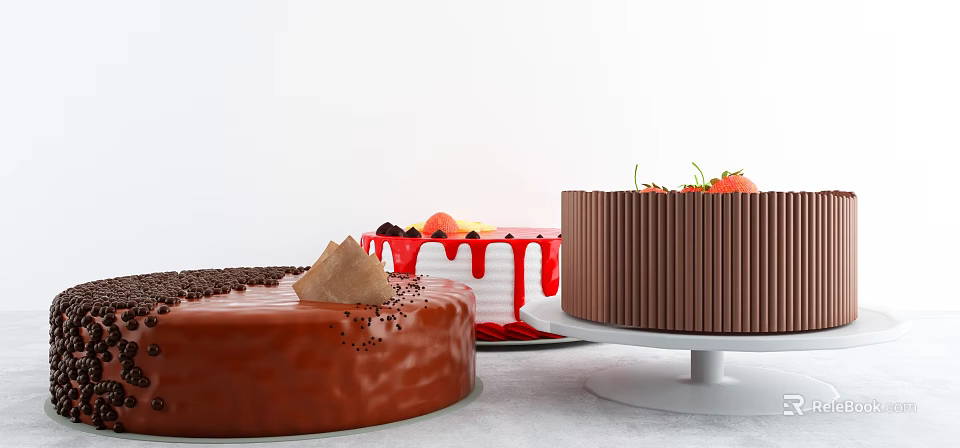 Assorted Fresh Cakes Display With Chocolate Sprinkles Triangular Garnish Red Drizzle And Juicy Strawberries 3d model 