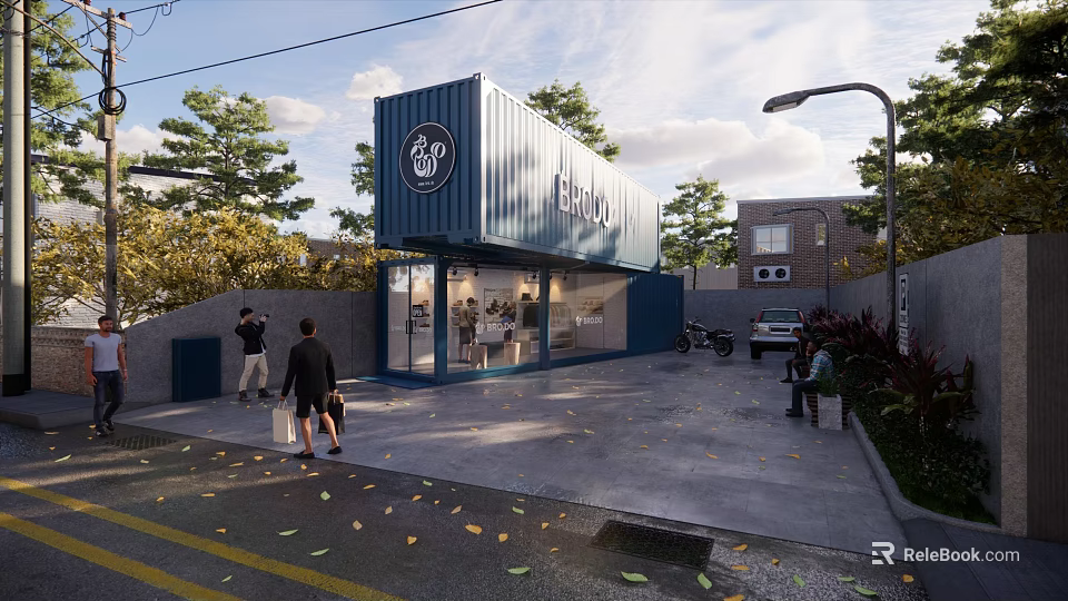 Industrial Equipment Blue Container Structure For Modern Retail Store With Glass Doors 3d model 