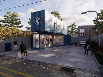 Industrial Equipment Blue Container Structure For Modern Retail Store With Glass Doors 3d model