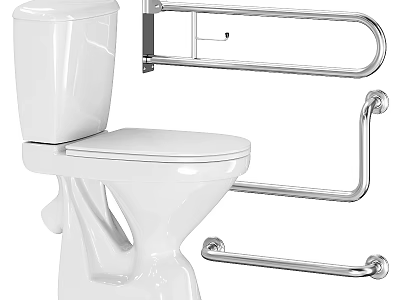 White Accessible Toilet With Stainless Steel Safety Grab Bars For Bathroom 3d model
