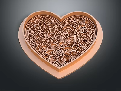 Heart Shaped Wooden Ornament Decor Set With Intricate Floral And Spiral Patterns 3d model