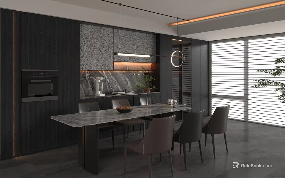 Modern Dining Room Interior With Dark Cabinets Marble Table Chairs Pendant Lights And Window Blinds 3d model 
