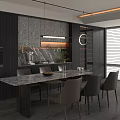 Modern Dining Room Interior With Dark Cabinets Marble Table Chairs Pendant Lights And Window Blinds