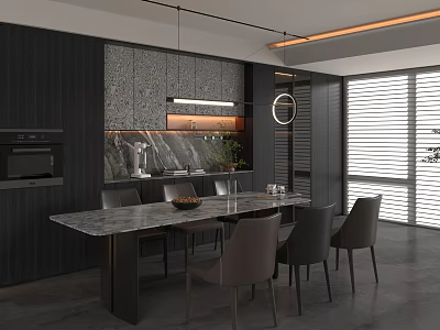 Modern Dining Room Interior With Dark Cabinets Marble Table Chairs Pendant Lights And Window Blinds 3d model