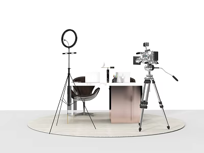 Office Desk With Ring Light Camera on Tripod and Chair White Tabletop on Circular Platform 3d model