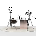 Office Desk With Ring Light Camera on Tripod and Chair White Tabletop on Circular Platform