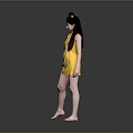 Woman In Yellow Silk Cheongsam With Bun Hairstyle Barefoot Against Gray Background
