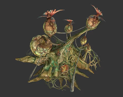 Fantasy Flower Plant With Multiple Bulb Structures Green Brown Red Petals Intricate Design 3d model