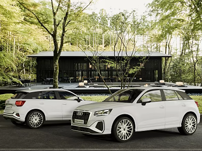 Garden Landscape with Modern Building Lush Trees and Two White Audi SUVs Parked 3d model
