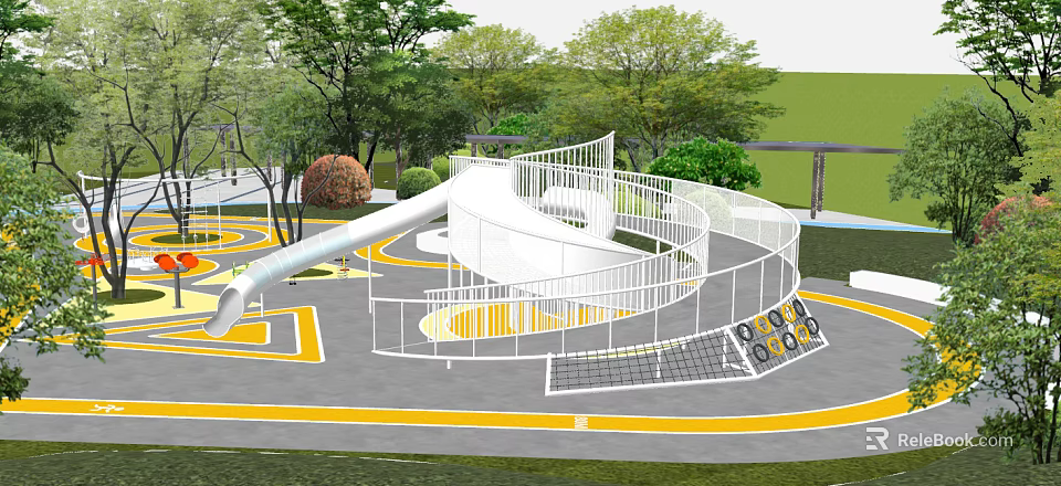 Kids Playground With Spiral Slide White Railings Yellow Markings Trees And Green Lawn 3d model 