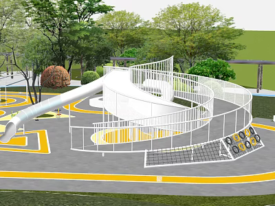 Kids Playground With Spiral Slide White Railings Yellow Markings Trees And Green Lawn 3d model