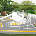 Kids Playground With Spiral Slide White Railings Yellow Markings Trees And Green Lawn