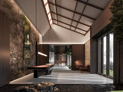 Elegant Front Desk Reception Area With High Wooden Ceiling Stone Walls And Natural Light 3d model