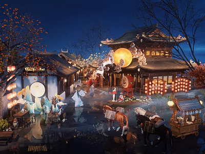 Traditional Ancient Night Scene With Traditional Buildings Lanterns Full Moon People Horses and Carriages 3d model