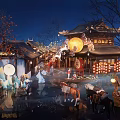 Traditional Ancient Night Scene With Traditional Buildings Lanterns Full Moon People Horses and Carriages