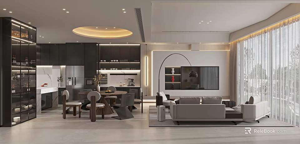 Modern Open Dining Living Room Interior With Sofa Dining Table Chairs And Lighting 3d model 