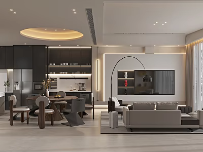 Modern Open Dining Living Room Interior With Sofa Dining Table Chairs And Lighting 3d model