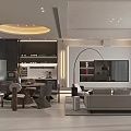 Modern Open Dining Living Room Interior With Sofa Dining Table Chairs And Lighting