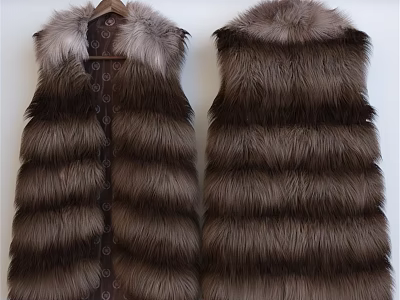 Luxury Brown Long Fur Vest With Soft Fur Collar Front And Back View 3d model