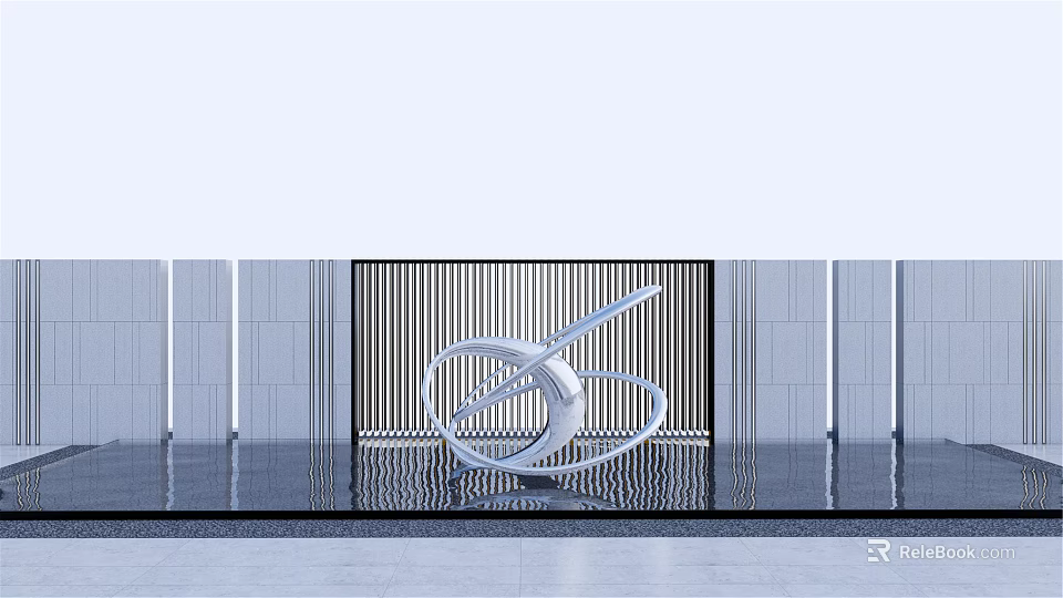 Abstract White Metal Landscape Sculpture With Modern Spiral Form Reflective Water And Architectural Striped Wall 3d model 