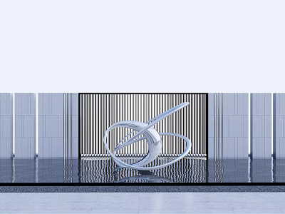 Abstract White Metal Landscape Sculpture With Modern Spiral Form Reflective Water And Architectural Striped Wall 3d model