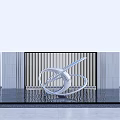 Abstract White Metal Landscape Sculpture With Modern Spiral Form Reflective Water And Architectural Striped Wall