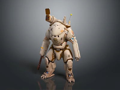 Futuristic Game And Movie Mechanical Character With White Gold Armor Headgear And Weapon 3d model