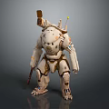 Futuristic Game And Movie Mechanical Character With White Gold Armor Headgear And Weapon