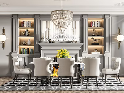 Elegant Dining Table Set With Crystal Chandelier Fireplace Bookshelves And Yellow Flowers 3d model
